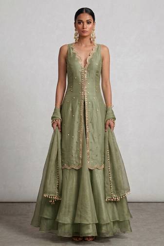 Sage green embroidered organza sharara set