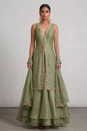 Sage green embroidered organza sharara set