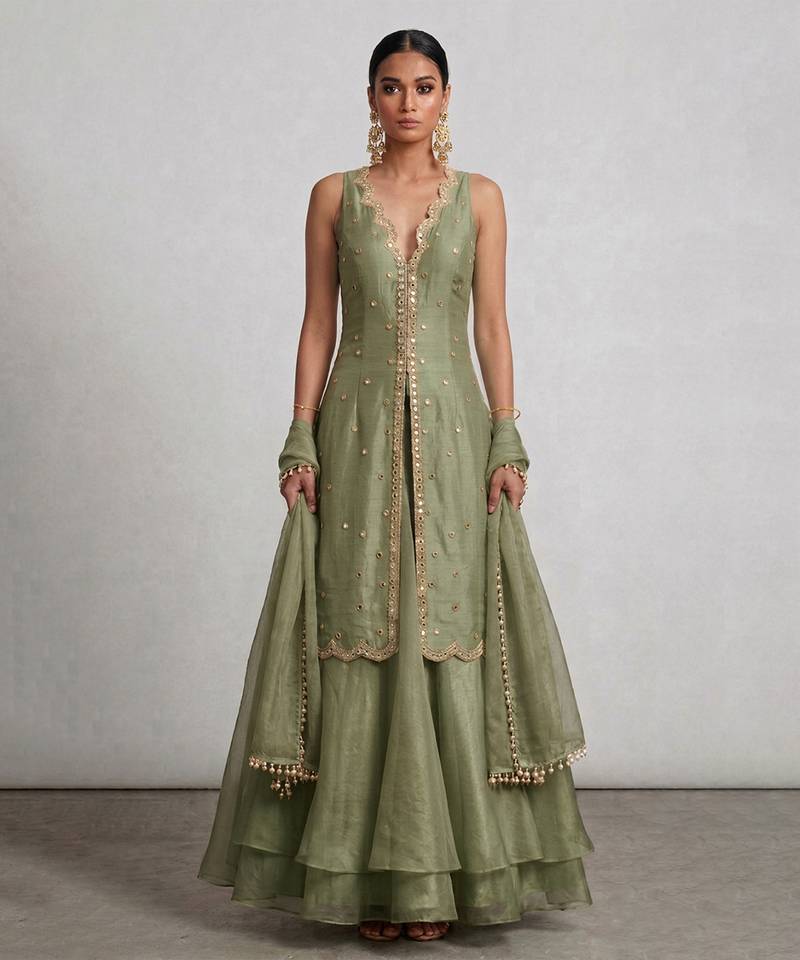 Sage green embroidered organza sharara set