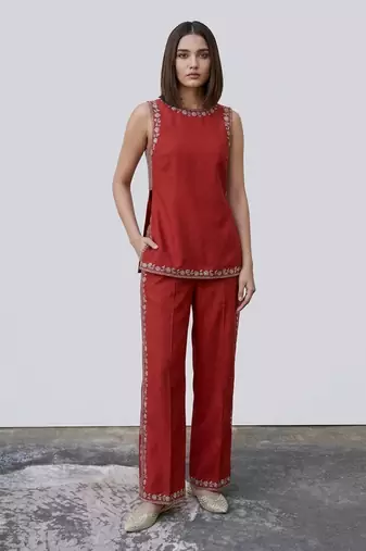 Red embroidered raw silk co ord set