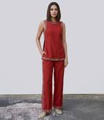 Red embroidered raw silk co ord set