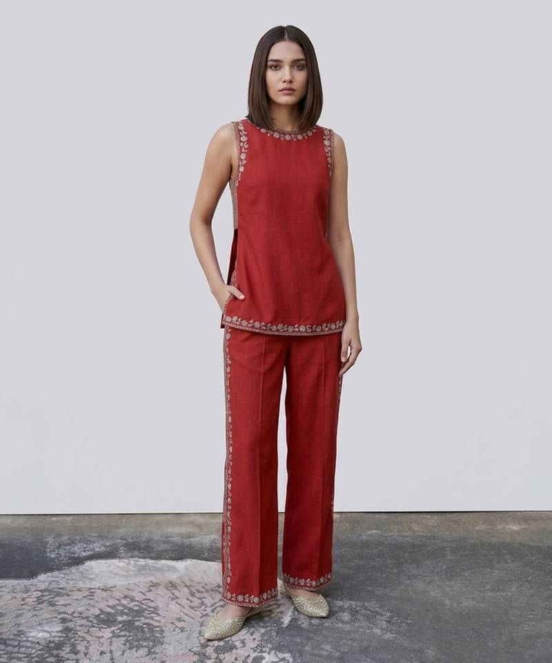 Red embroidered raw silk co ord set