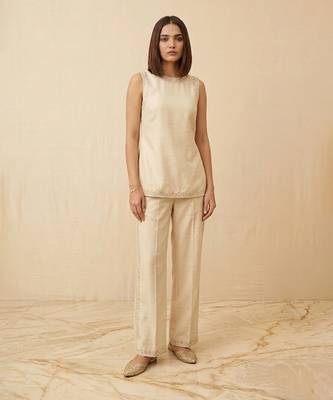 Ivory embroidered raw silk co ord set 1