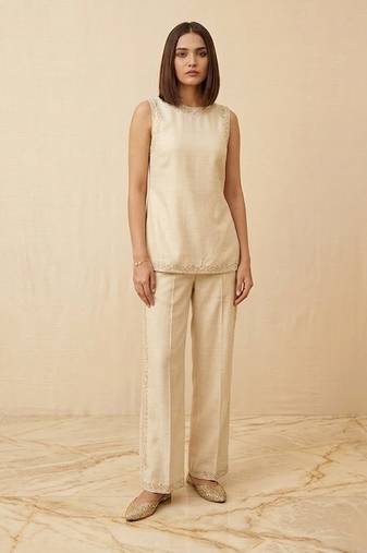 Ivory embroidered raw silk co ord set