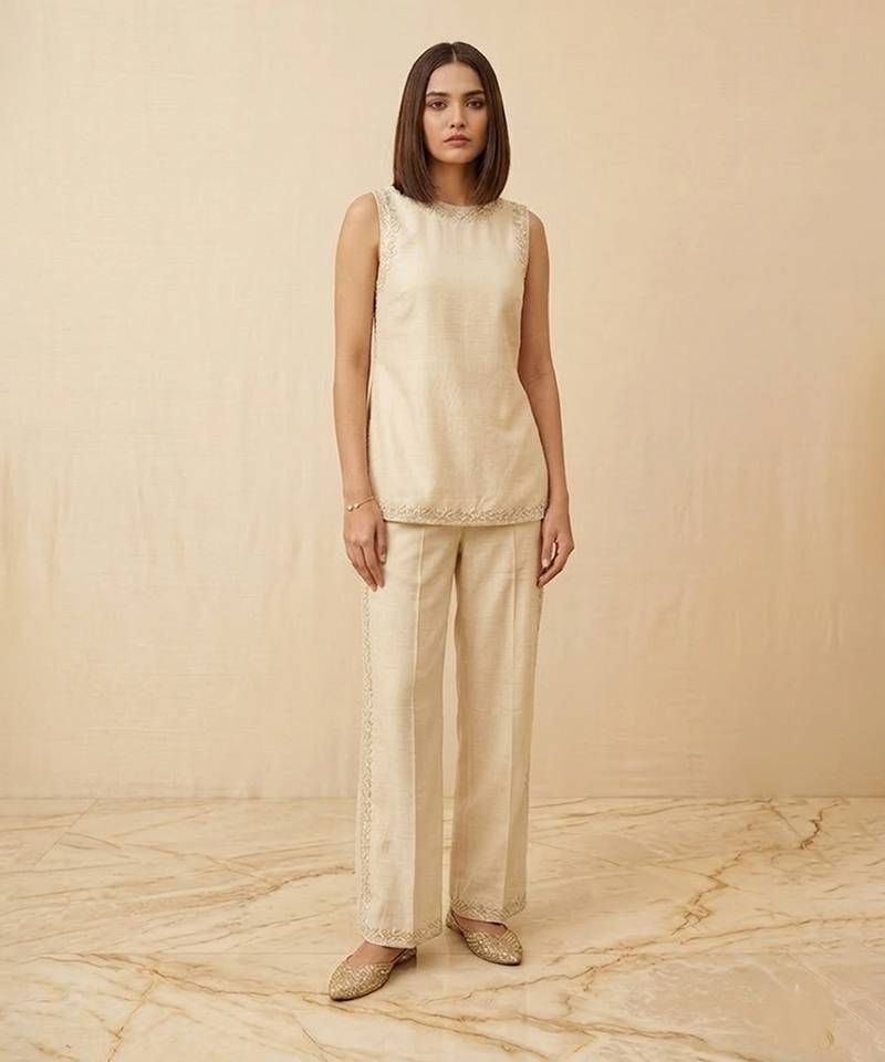 Ivory embroidered raw silk co ord set