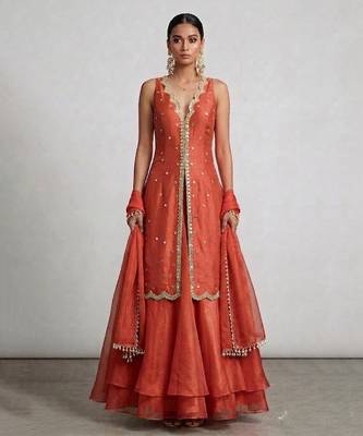 Rust orange embroidered organza Lehenga set 1
