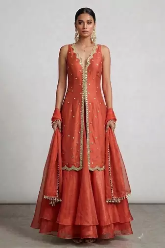 Rust orange embroidered organza sharara set
