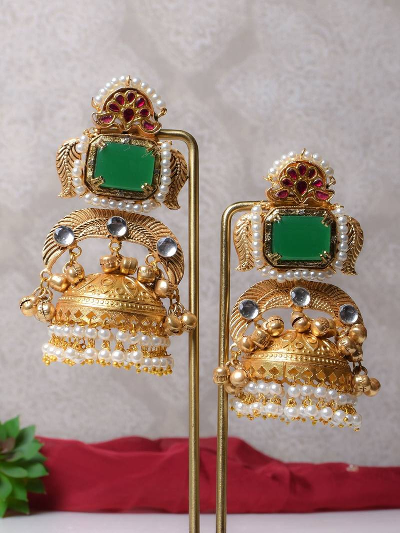Gold alloy dhvani oversized fusion jhumka earrings