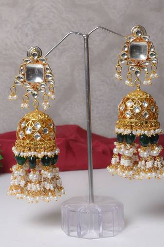 Gold alloy drishya kundan big size jhumka earrings
