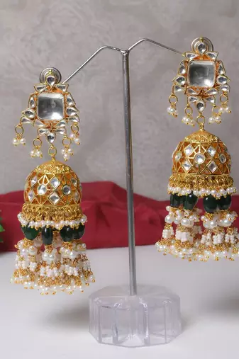 Gold alloy drishya kundan big size jhumka earrings