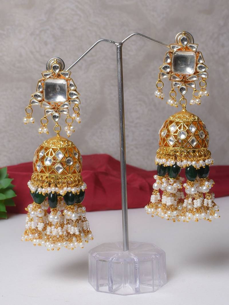 Gold alloy drishya kundan big size jhumka earrings
