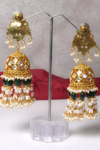 Gold alloy drishya kundan big size jhumka earrings
