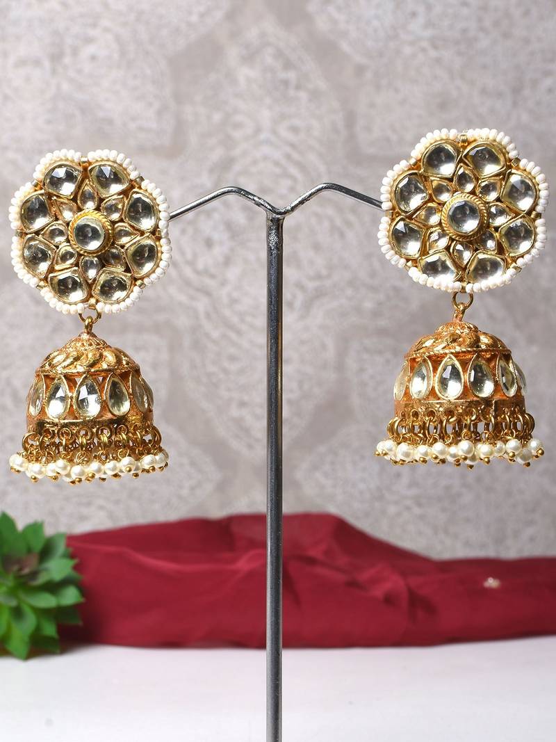 Gold alloy naina kundan jhumka earrings