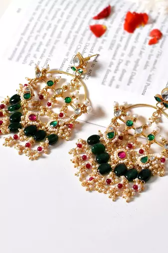 Gold alloy amoha kundan chandbali earrings   emerald