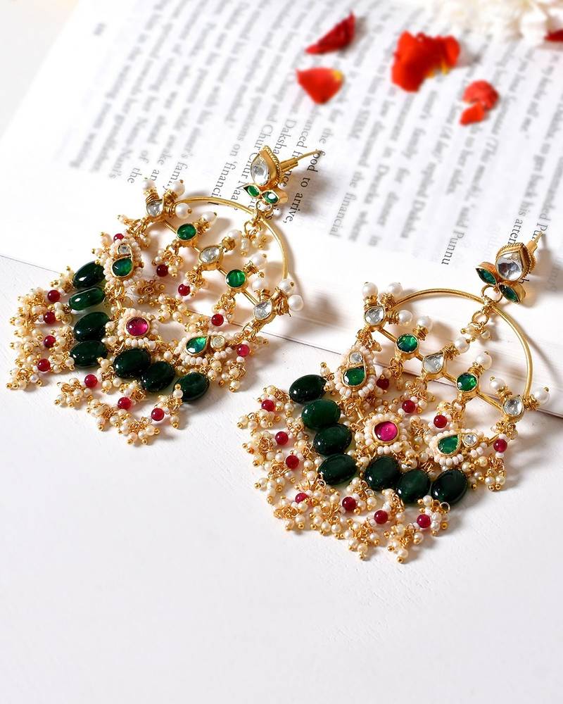 Gold alloy amoha kundan chandbali earrings   emerald