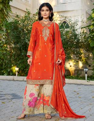 orange embroidered chinon silk blend palazzo salwar suit 1