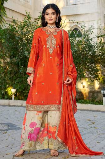 Orange embroidered chinon free size stitched palazzo style salwar suit