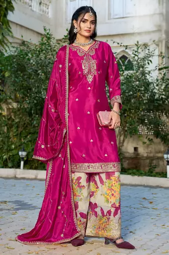 Pink embroidered chinon free size stitched palazzo style salwar suit