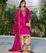 pink zari embroidered chinon silk palazzo suit