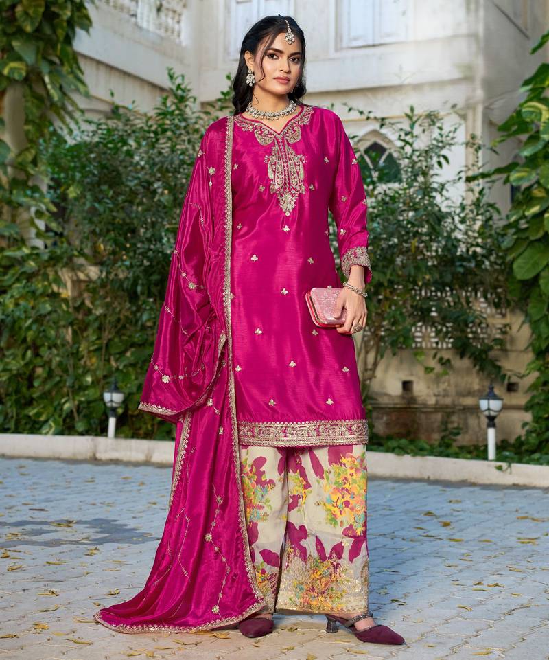 Pink embroidered chinon free size stitched palazzo style salwar suit