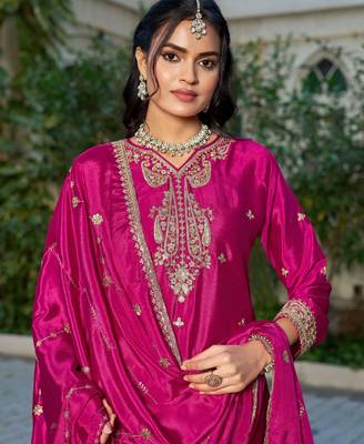 pink zari embroidered chinon silk blend palazzo suit 2