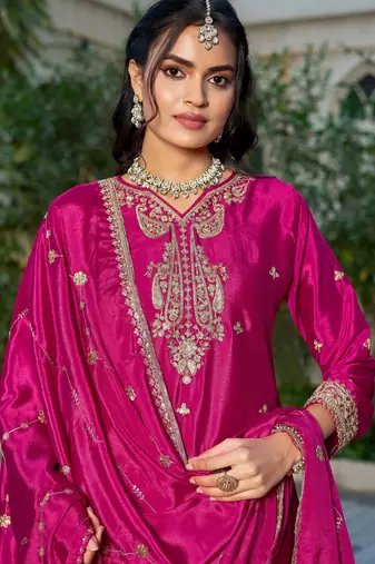 pink zari embroidered chinon silk blend palazzo suit