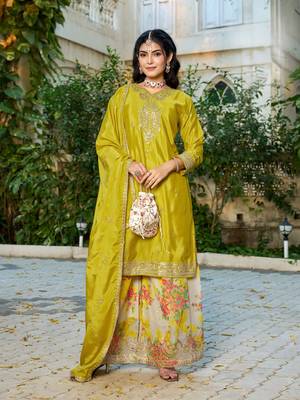 yellow embroidered chinon silk blend palazzo salwar suit 1