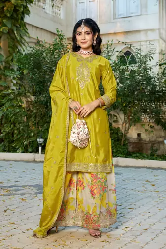 Yellow embroidered chinon free size stitched palazzo style salwar suit