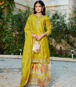 yellow embroidered chinon silk palazzo salwar suit