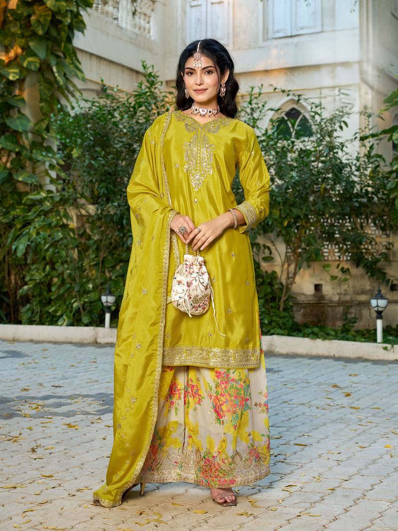 Yellow embroidered chinon free size stitched palazzo style salwar suit