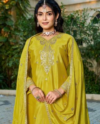 yellow embroidered chinon silk blend palazzo salwar suit 2