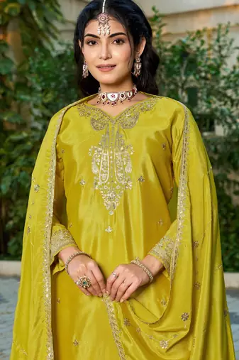 yellow embroidered chinon silk blend palazzo salwar suit