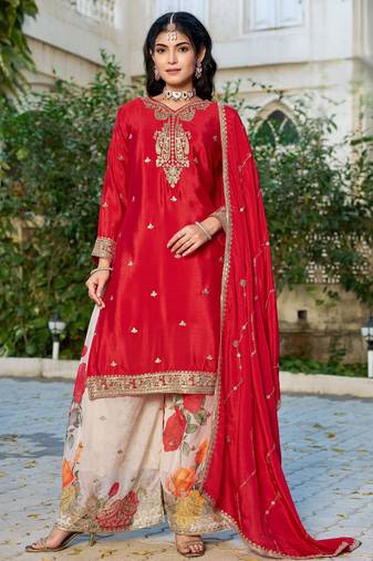 Red embroidered chinon free size stitched palazzo style salwar suit