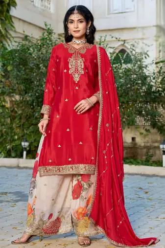 Red embroidered chinon free size stitched palazzo style salwar suit
