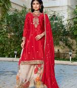 red embroidered chinon silk palazzo salwar suit