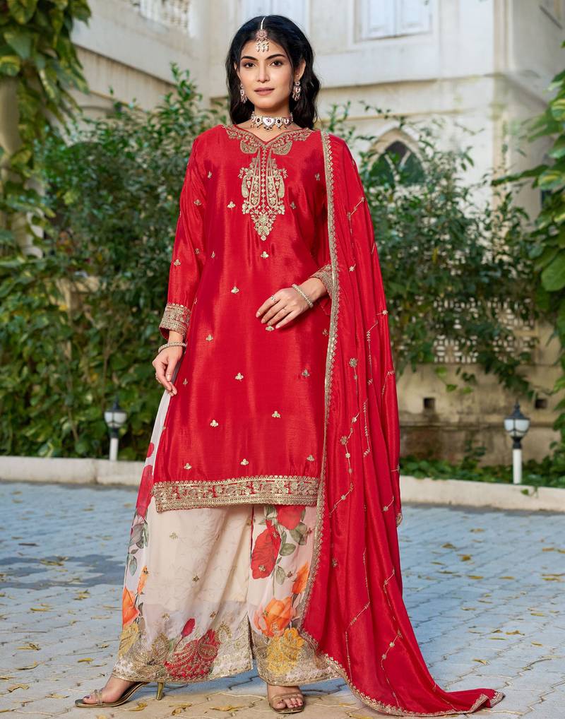 Red embroidered chinon free size stitched palazzo style salwar suit