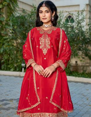 red embroidered chinon silk blend palazzo salwar suit 2
