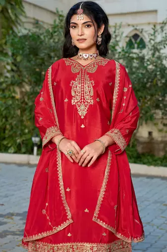 red embroidered chinon silk blend palazzo salwar suit