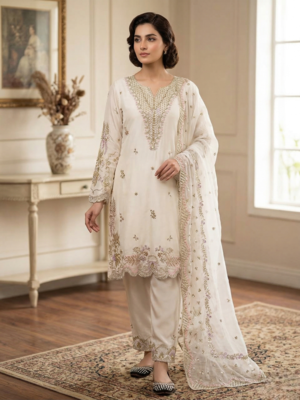 Cream natural crep silk palazzo suit with embroidery and multi needle sequence work 2
