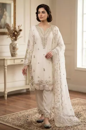 Cream natural crep silk palazzo suit with embroidery and multi needle sequence work