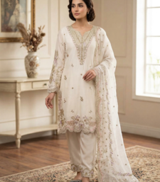Cream natural crep silk palazzo suit with embroidery and multi needle sequence work