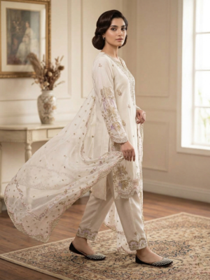 Cream natural crep silk palazzo suit with embroidery and multi needle sequence work 3
