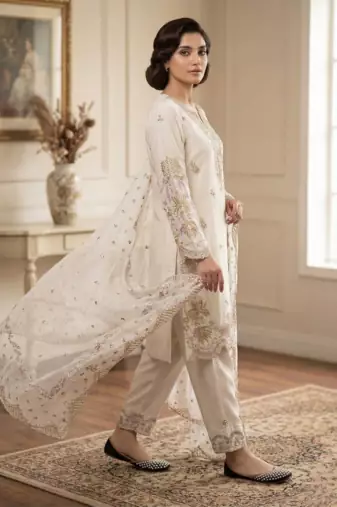 Cream natural crep silk palazzo suit with embroidery and multi needle sequence work