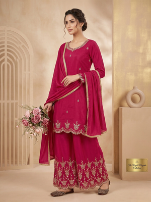 Pink heavy simmr silk coding & sequence work kurta plazzo and dupatta 1