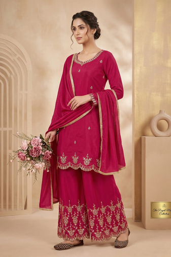 Pink heavy simmr silk coding & sequence work kurta plazzo and dupatta