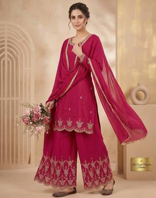 Pink heavy simmr silk coding & sequence work kurta plazzo and dupatta 2