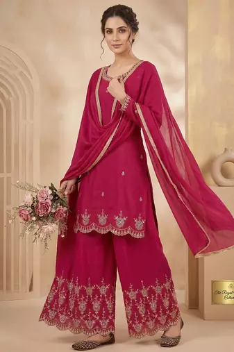 Pink heavy simmr silk coding & sequence work kurta plazzo and dupatta