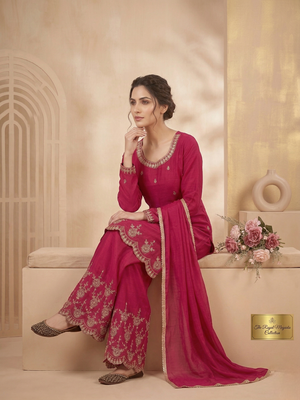 Pink heavy simmr silk coding & sequence work kurta plazzo and dupatta 3