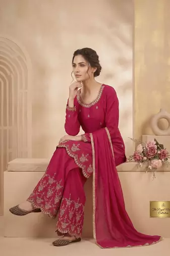 Pink heavy simmr silk coding & sequence work kurta plazzo and dupatta