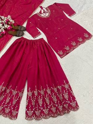 Pink heavy simmr silk coding & sequence work kurta plazzo and dupatta 4